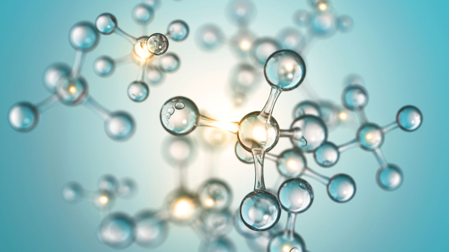 Molecular structure with glowing connections and bubbles.
